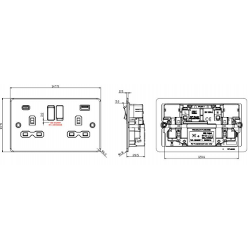 Double Switched Socket with Dual USB A+C (Brushed Brass/Black Insert)