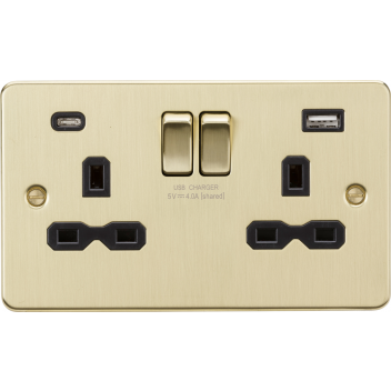 Double Switched Socket with Dual USB A+C (Brushed Brass/Black Insert)